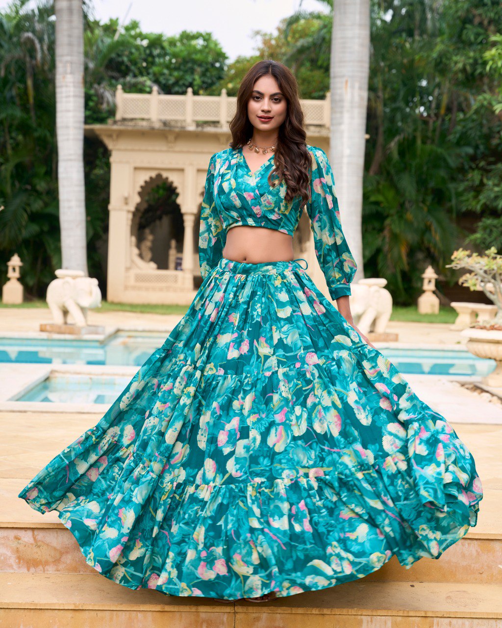 Georgette Chex Floral Print Stitched With Canvas Lehenga