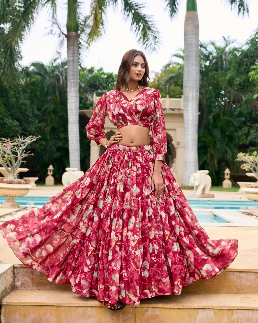 Georgette Chex Floral Print Stitched With Canvas Lehenga