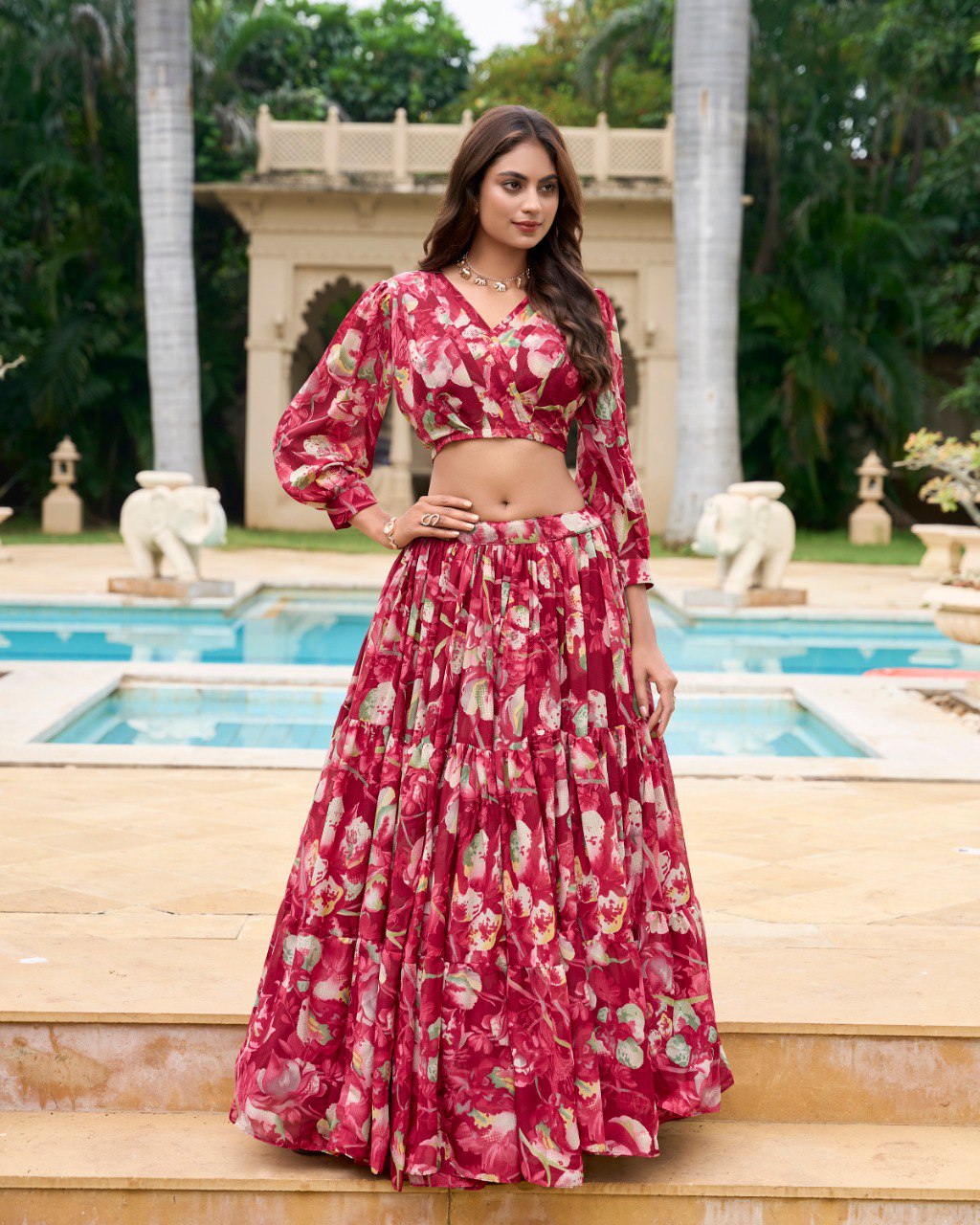 Georgette Chex Floral Print Stitched With Canvas Lehenga