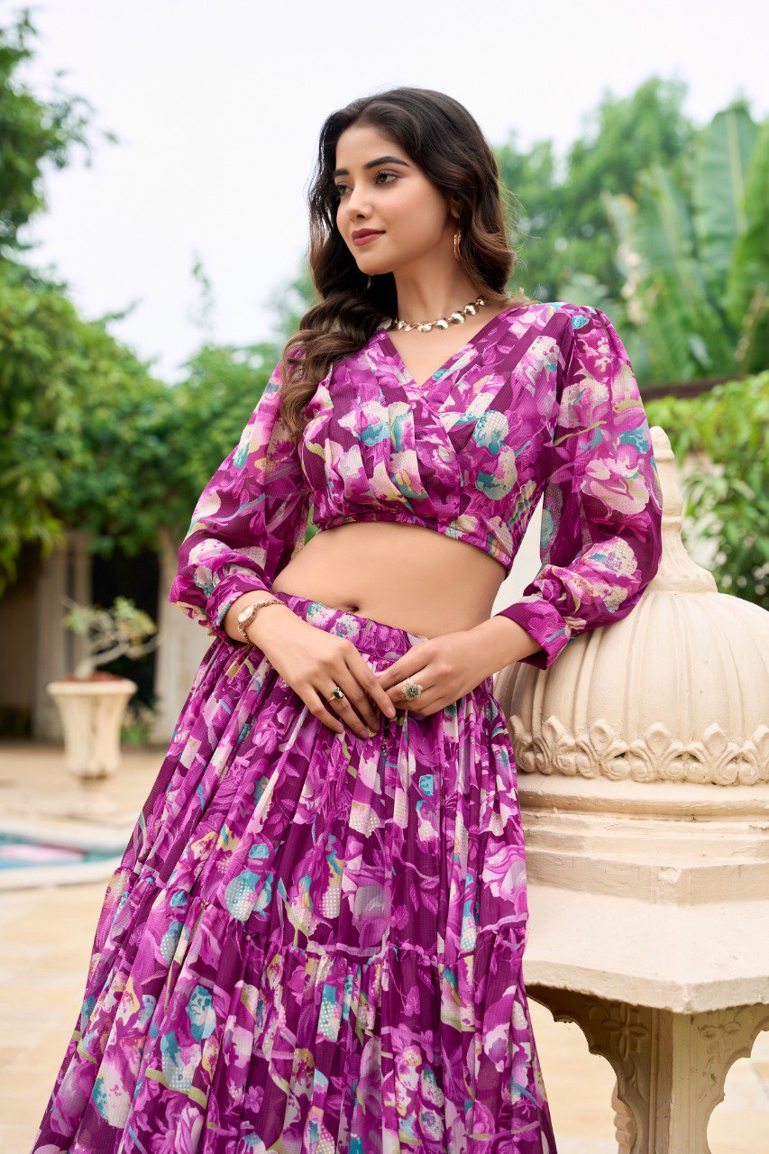 Georgette Chex Floral Print Stitched With Canvas Lehenga