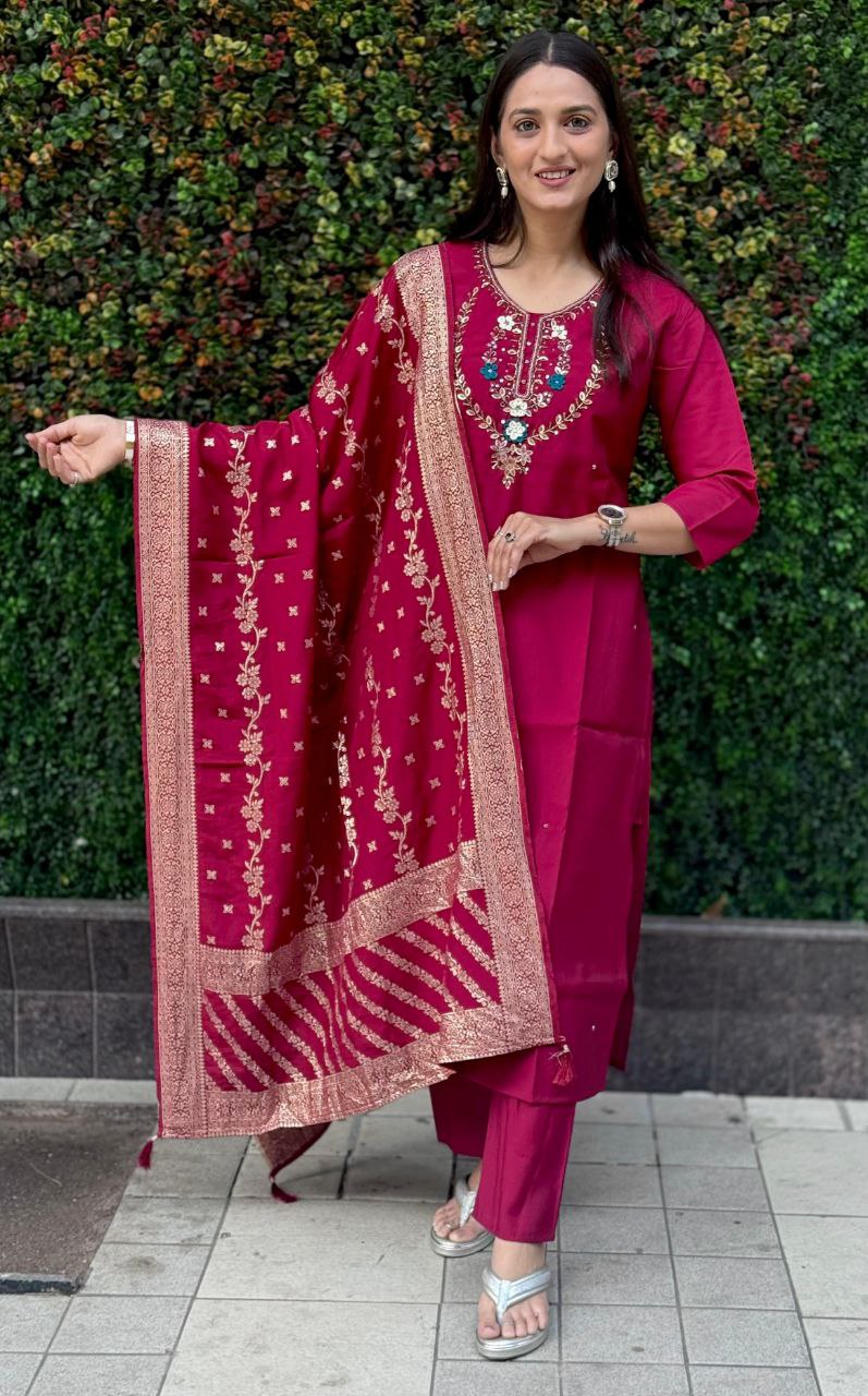 Rani Pink Color Premium Roman Silk Hand Work Kurti
