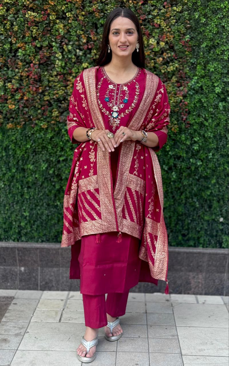 Rani Pink Color Premium Roman Silk Hand Work Kurti