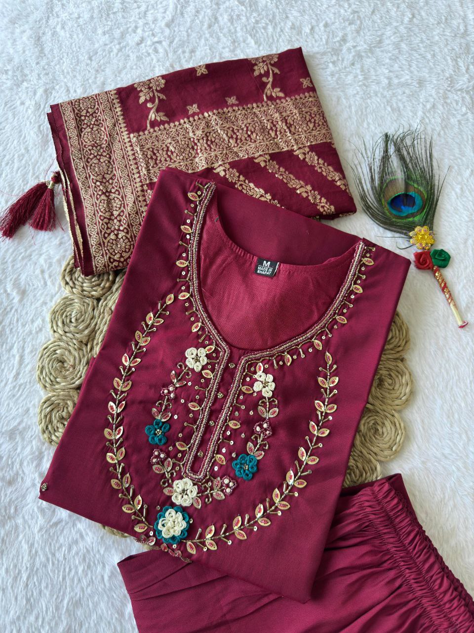Rani Pink Color Premium Roman Silk Hand Work Kurti