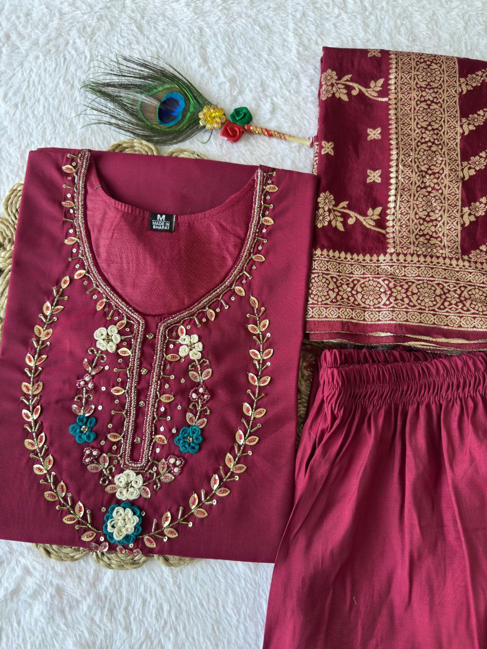 Rani Pink Color Premium Roman Silk Hand Work Kurti