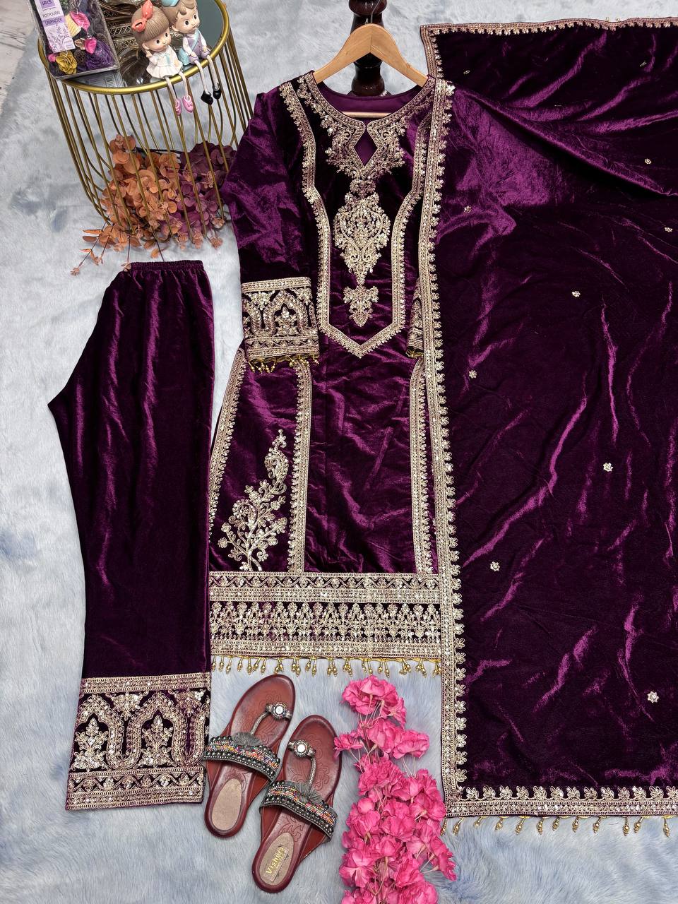 Winter Special New Velvet Embroidery Sequence Dori Work And Moti Latkan Suit With Heavy Work Dupatta