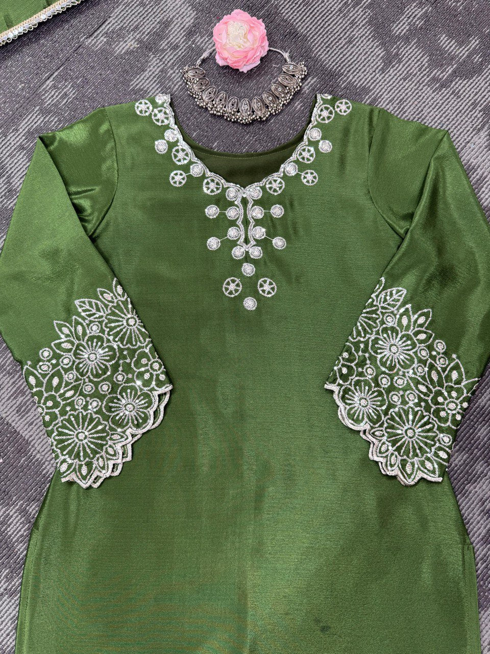 Mahendi Color Thread And Sequence Work Top Plazzo