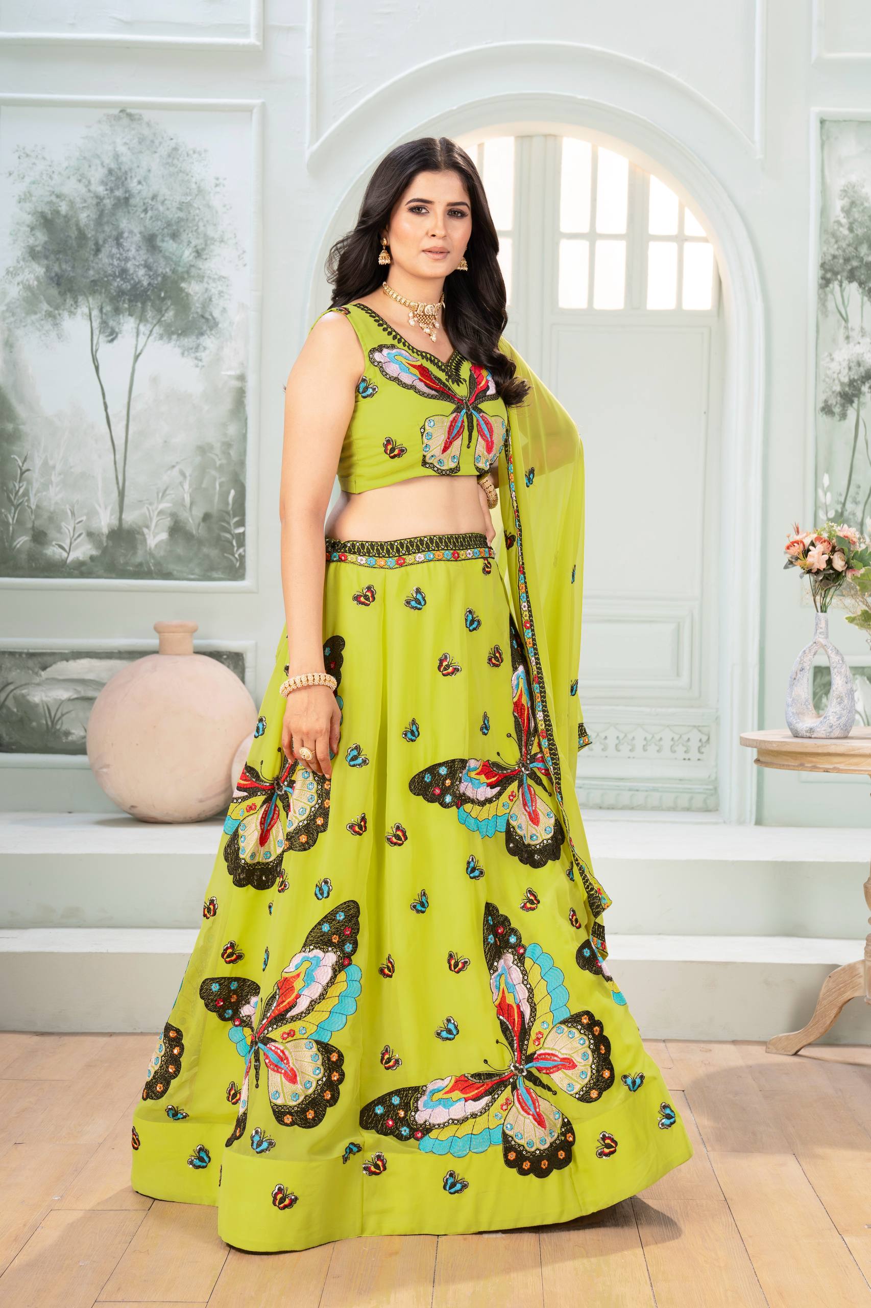 Green Color Butterfly Design Sequence Work Lehenga