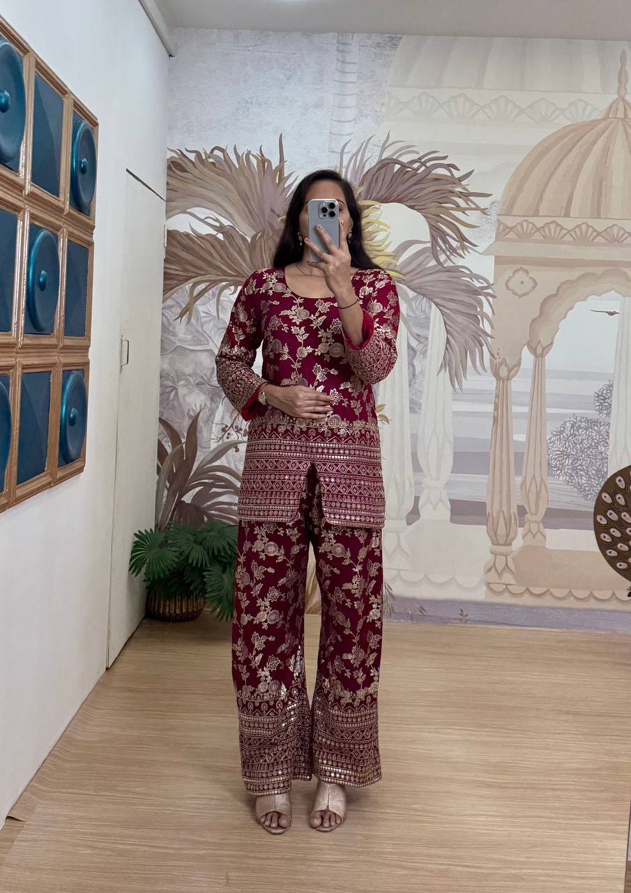 Premium Look Dola Silk Embroidery Work Top Pent