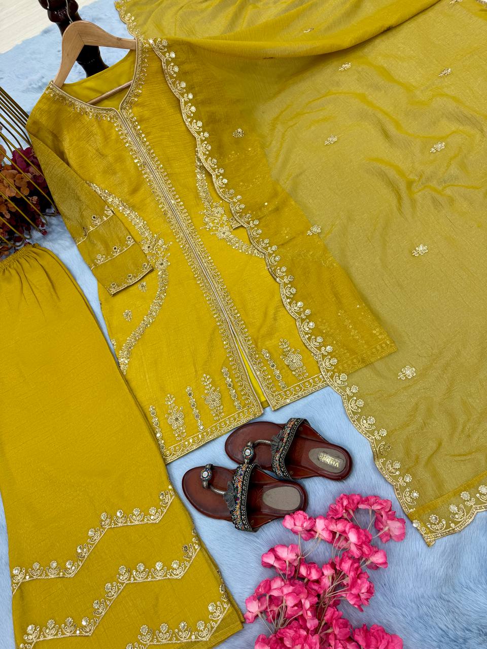 Pure Crunchy Silk Embroidery Sequence Work With Mirror Hand Work Top Plazzo