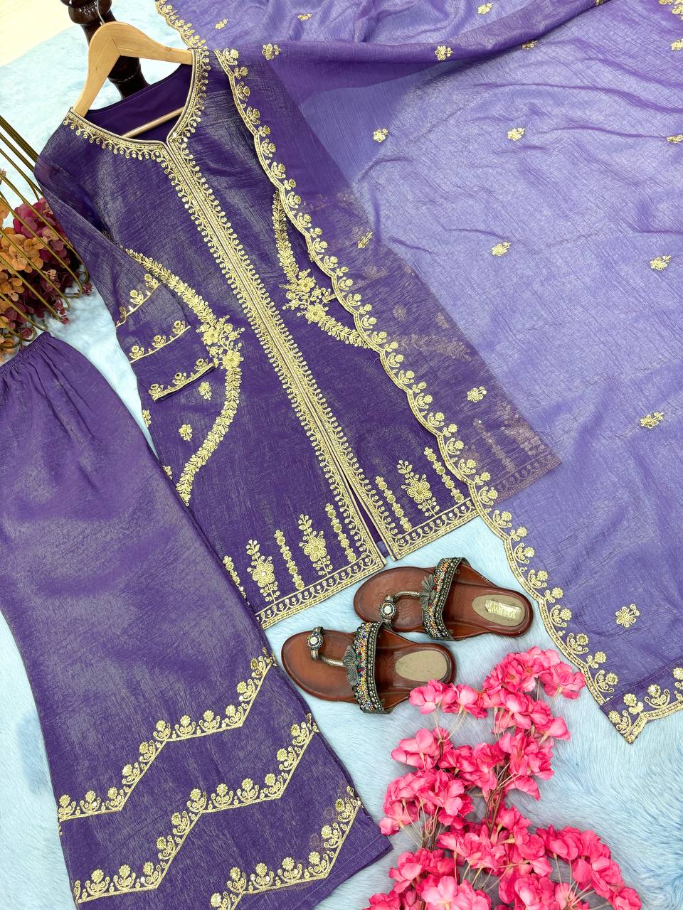 Pure Crunchy Silk Embroidery Sequence Work With Mirror Hand Work Top Plazzo