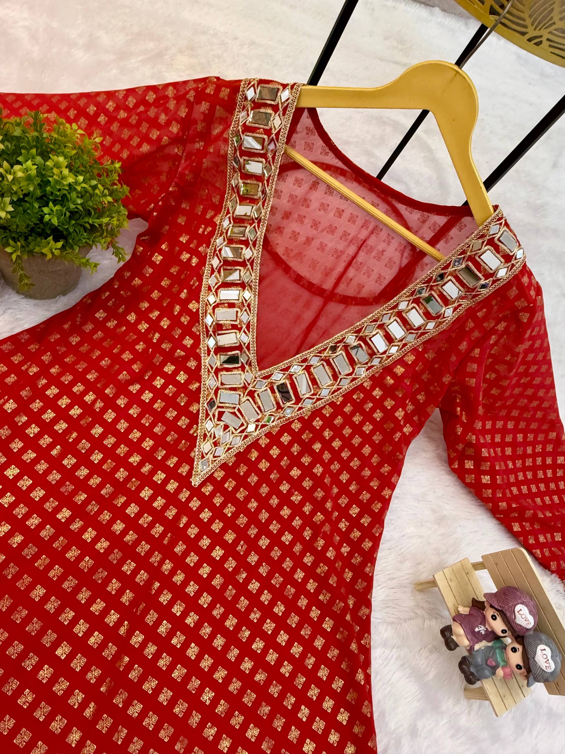 Beautifull Georgette Fabric With Embroidery Real Mirror Work Kurti