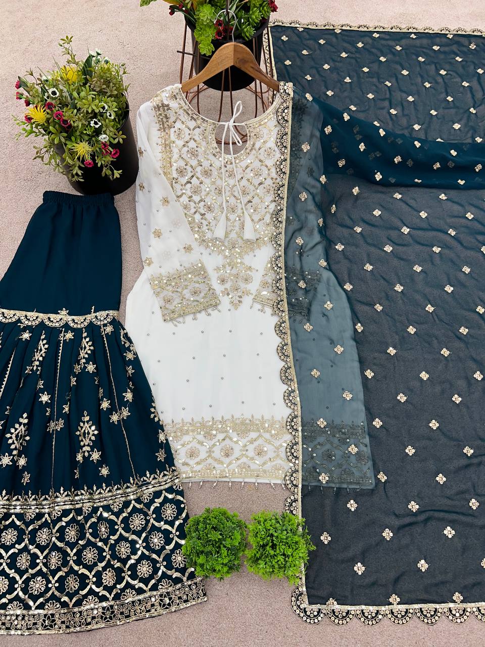 Heavy Faux Georgette Emroidery Sequence Work Top Sharara