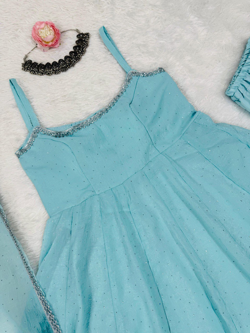 Sky Blue Color Crunch Silk Hotfixing Top Pent