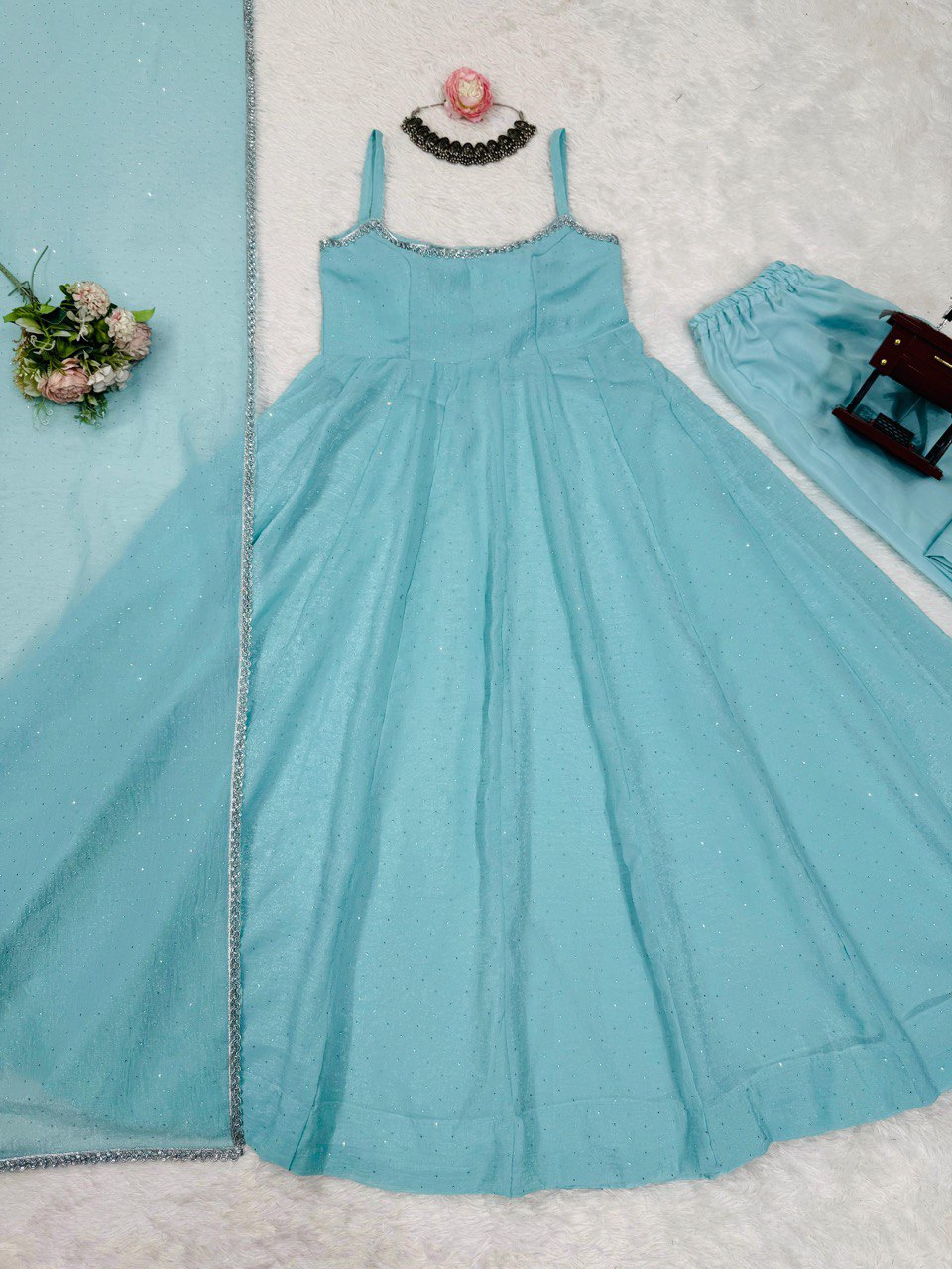 Sky Blue Color Crunch Silk Hotfixing Top Pent