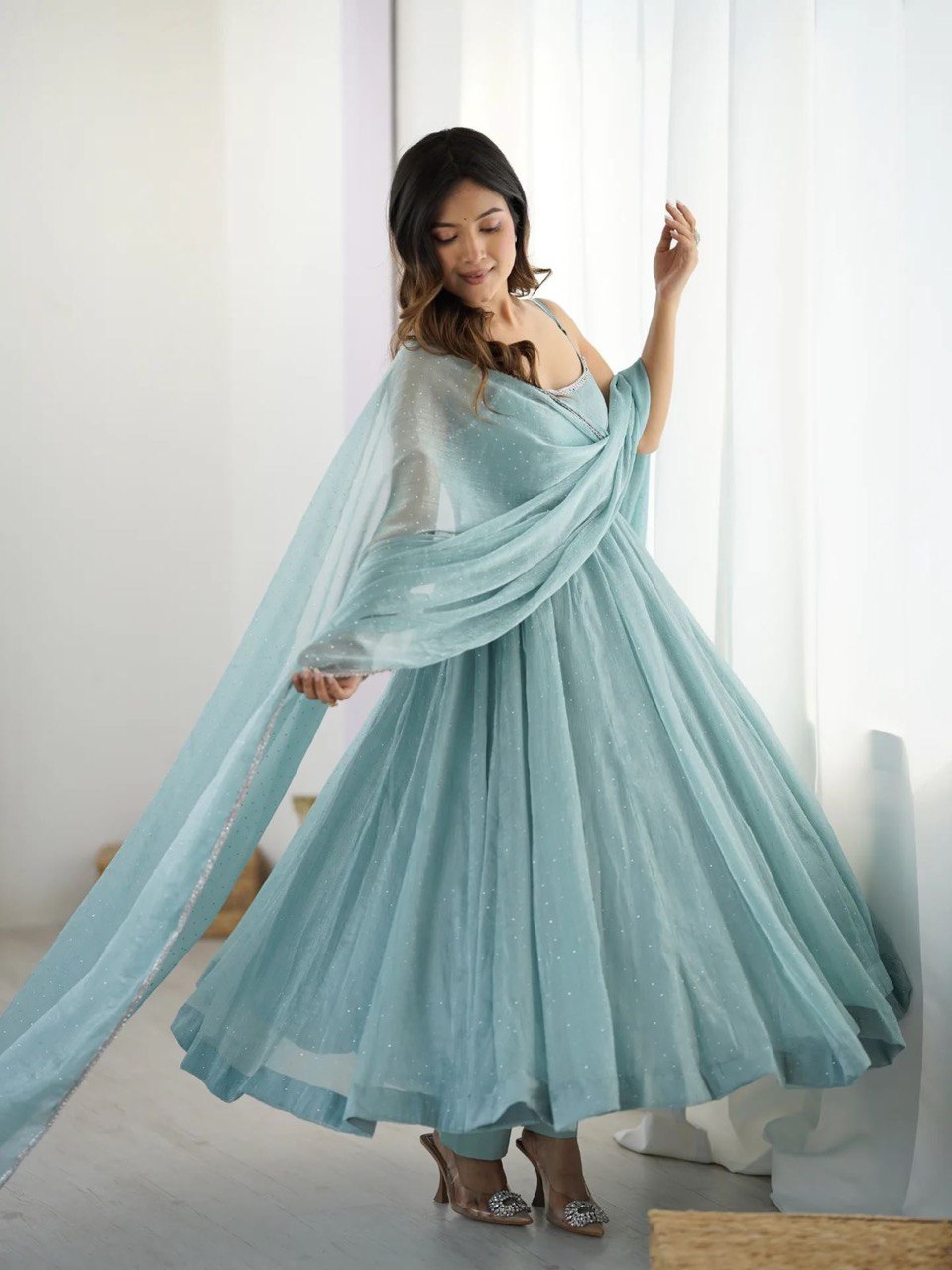 Sky Blue Color Crunch Silk Hotfixing Top Pent
