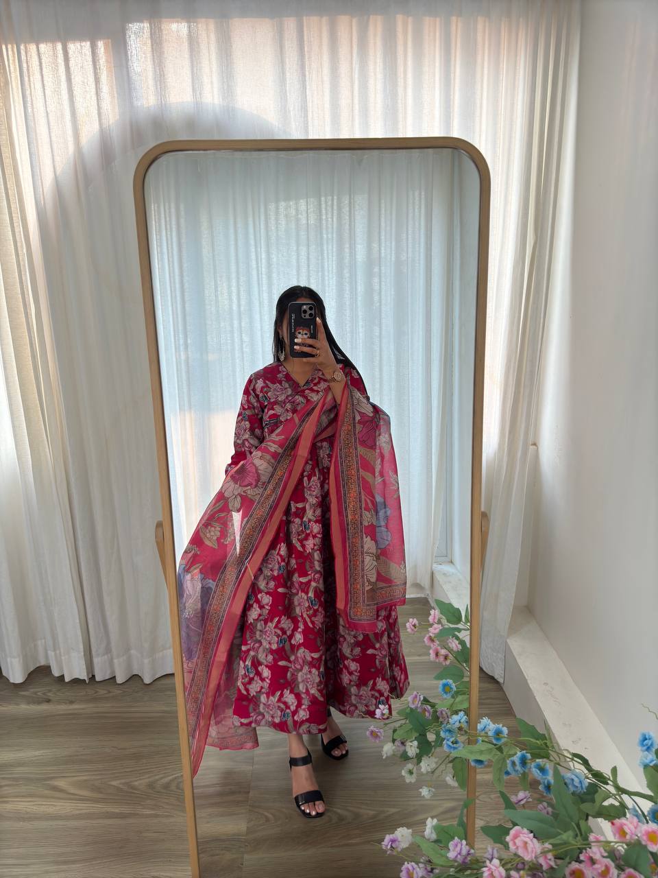 Roman Silk With Mille Print Foil Work And Hevay Butter Cotton Gown