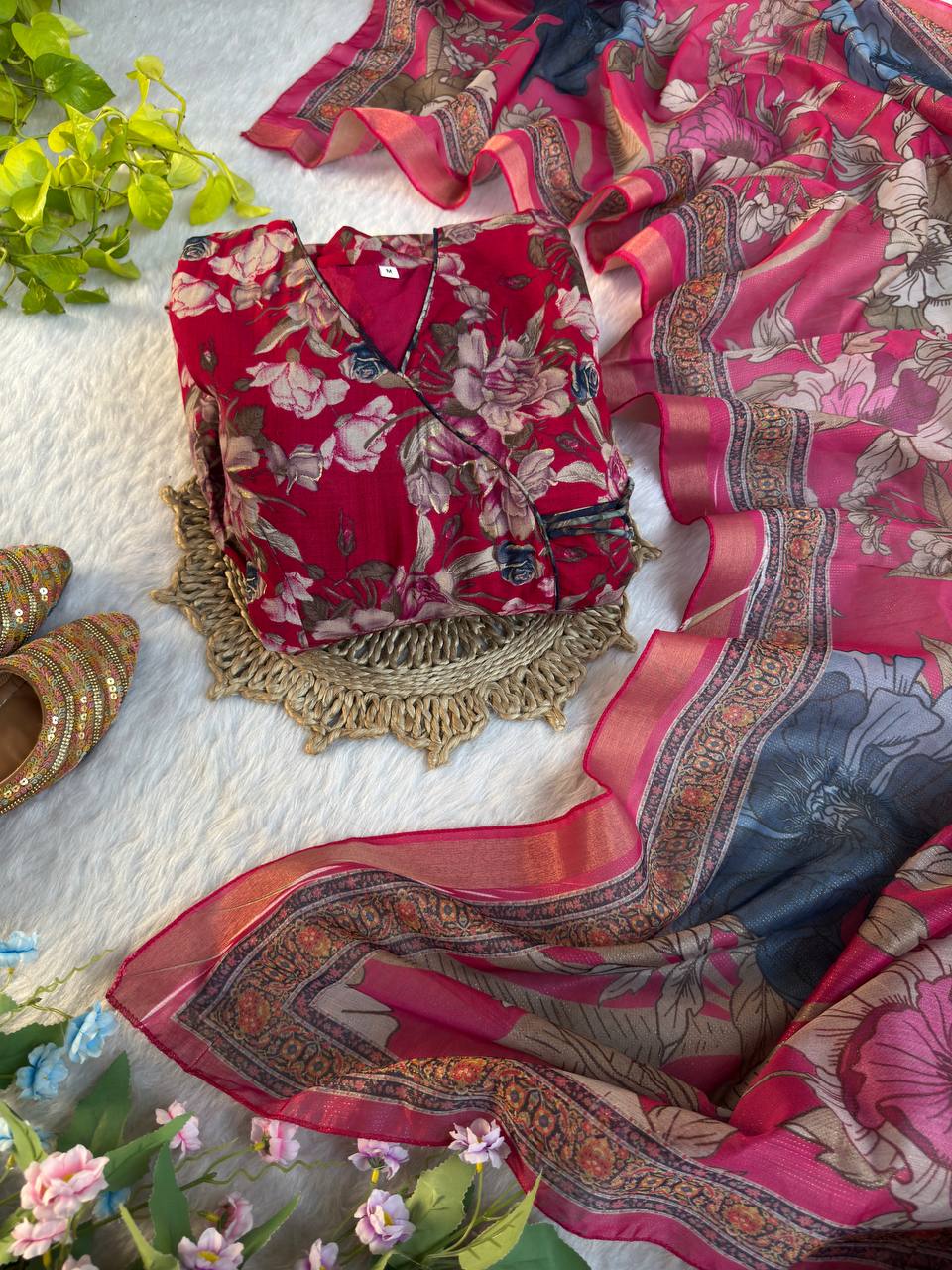 Roman Silk With Mille Print Foil Work And Hevay Butter Cotton Gown
