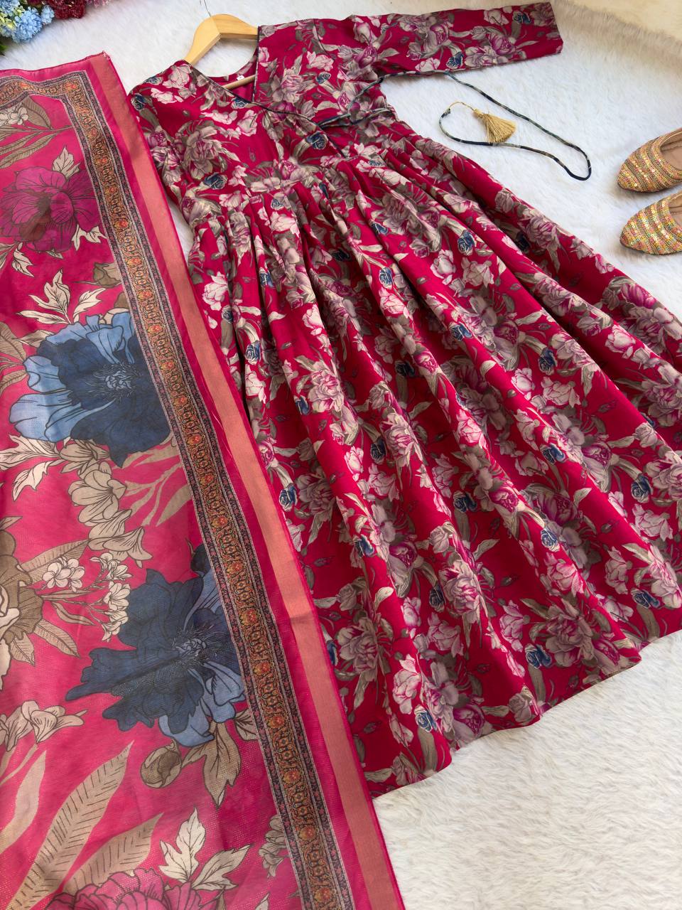 Roman Silk With Mille Print Foil Work And Hevay Butter Cotton Gown