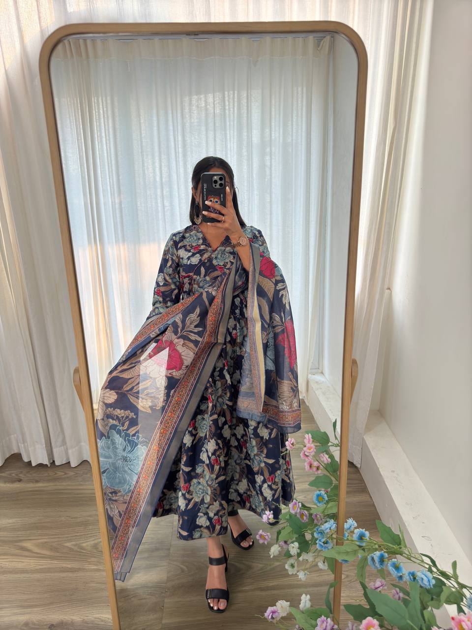 Roman Silk With Mille Print Foil Work And Hevay Butter Cotton Gown
