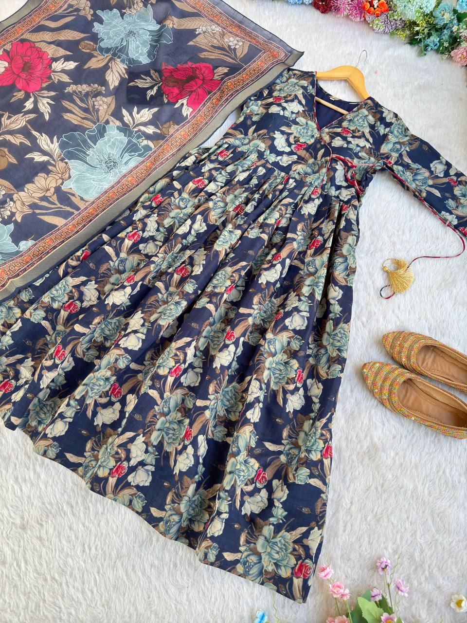 Roman Silk With Mille Print Foil Work And Hevay Butter Cotton Gown