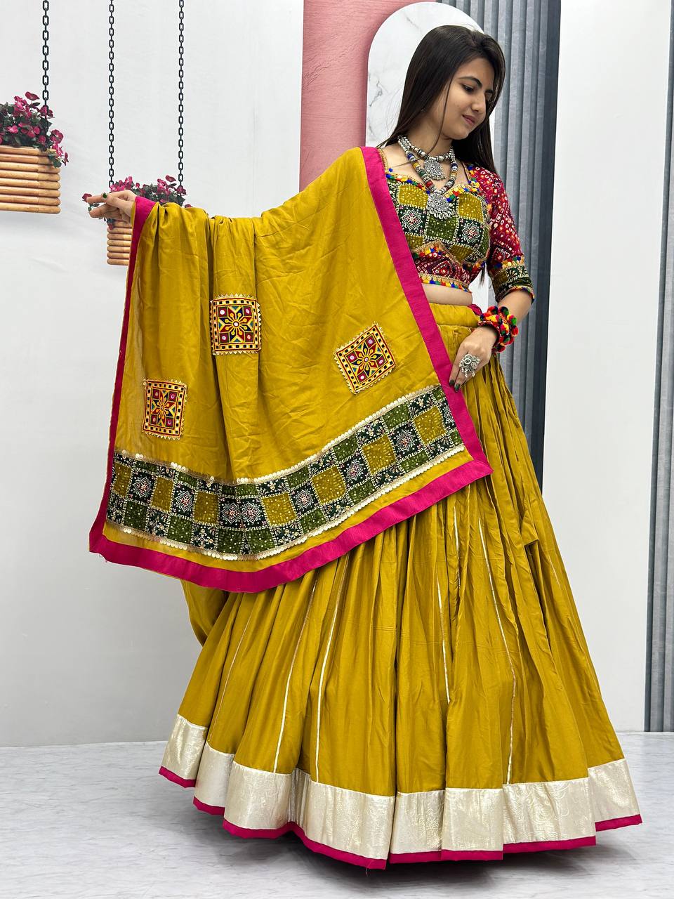 Yellow Color Pure Cotton Fabric With Canvas Patta Lehenga Choli