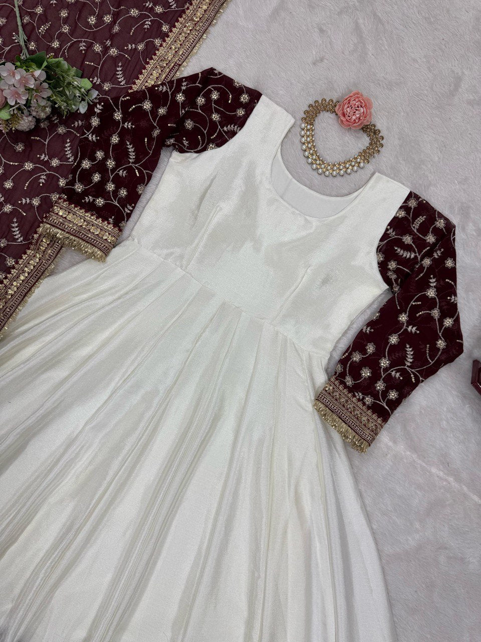 Chino Silk WIth Thread WOrk With SEquence Work And Micro Inner Gown
