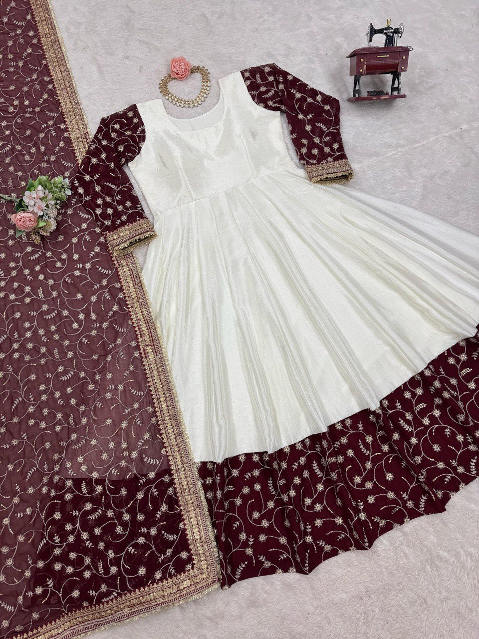 Chino Silk WIth Thread WOrk With SEquence Work And Micro Inner Gown