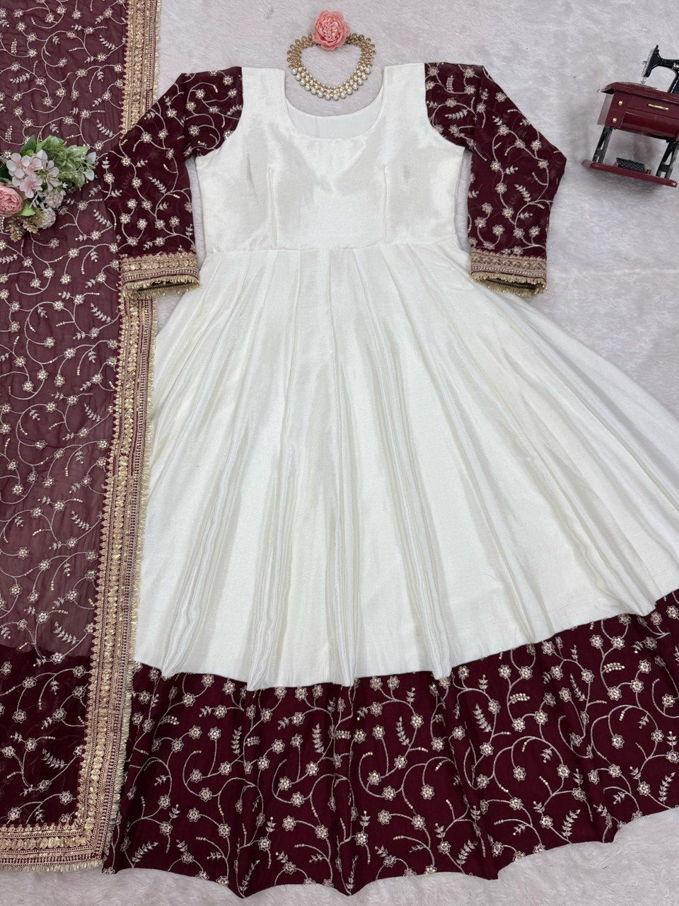 Chino Silk WIth Thread WOrk With SEquence Work And Micro Inner Gown