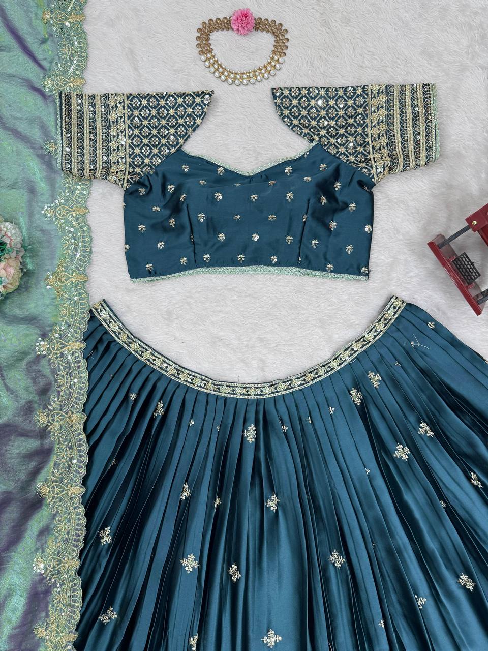 Japan Satin Thread With Sequene Work With Canvas Pata Lehenga