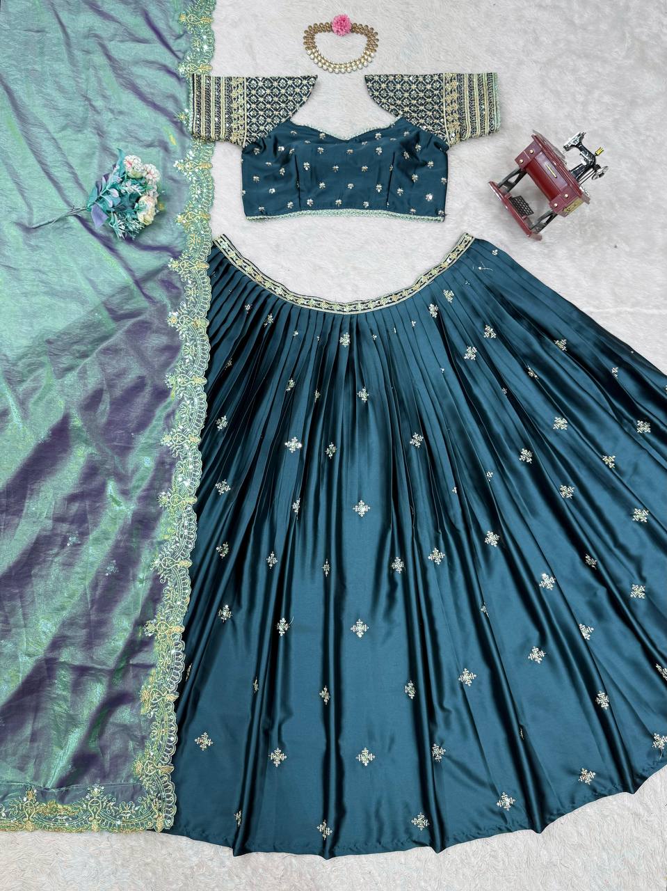 Japan Satin Thread With Sequene Work With Canvas Pata Lehenga