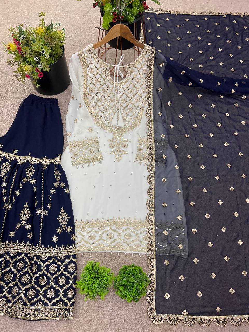 Heavy Faux Georgette Emroidery Sequence Work Top Sharara