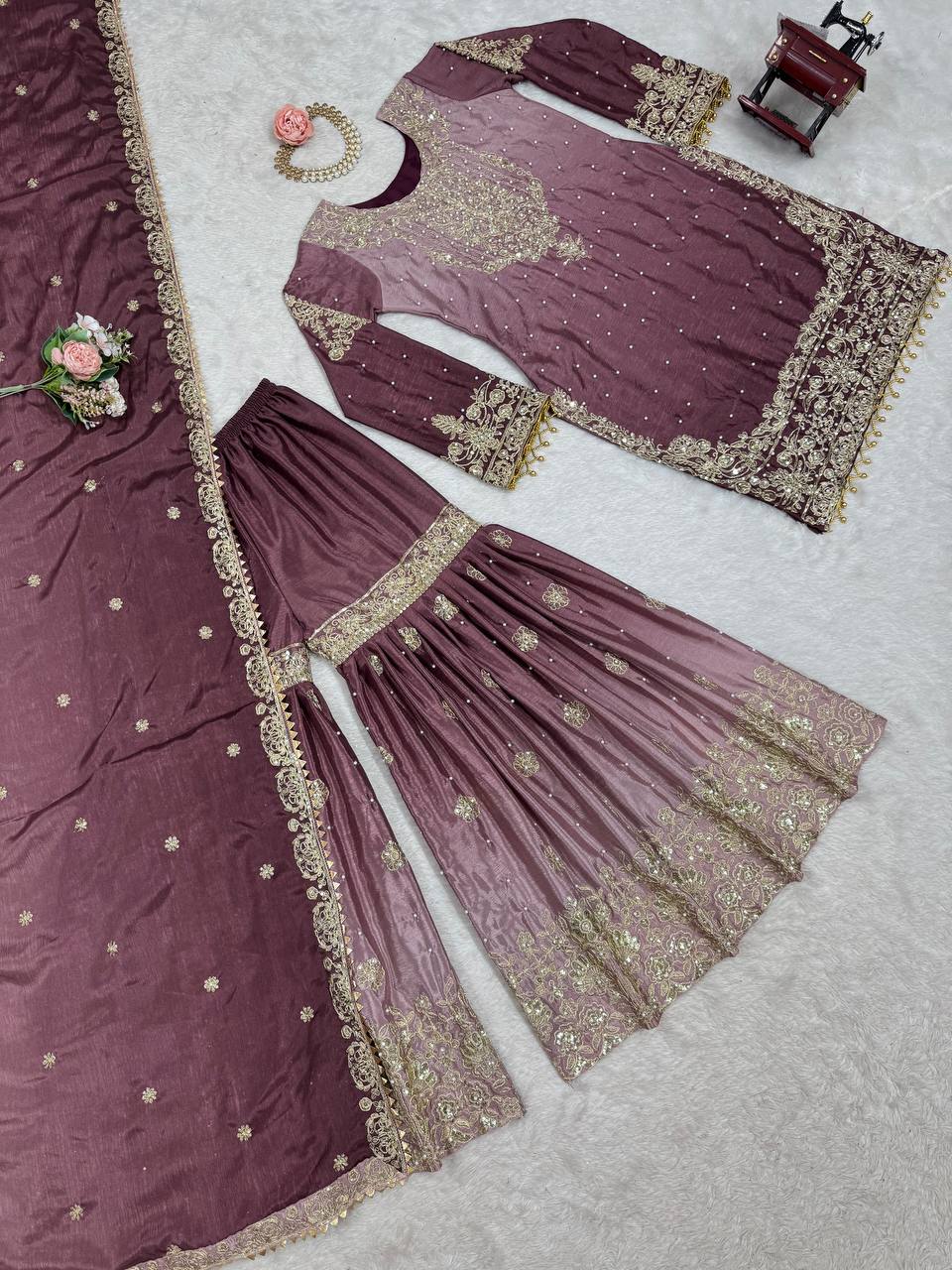 Full Heacy Chinon Silk With Sequence With Rivet Moti Work Top Plazzo Pair