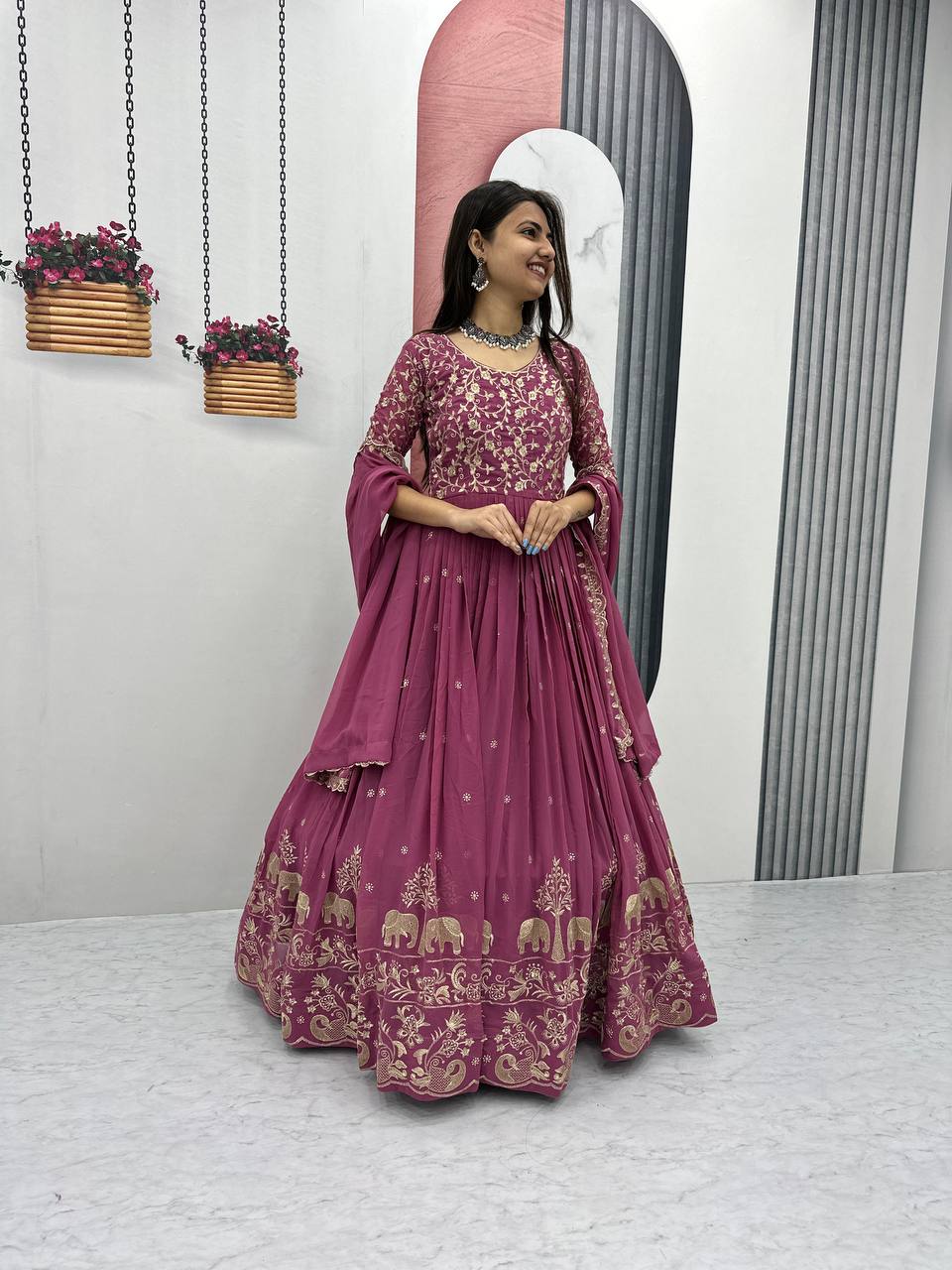 Fox Georgette Embroidery Thread Work Gown