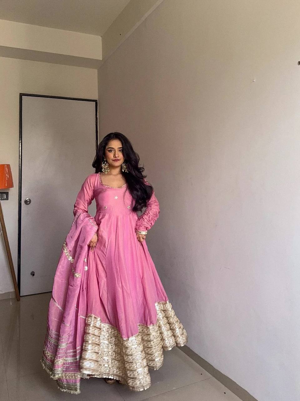 White Colour Chinon Silk Thread With Sequence Lace Work Gown With Heavy Dupatta