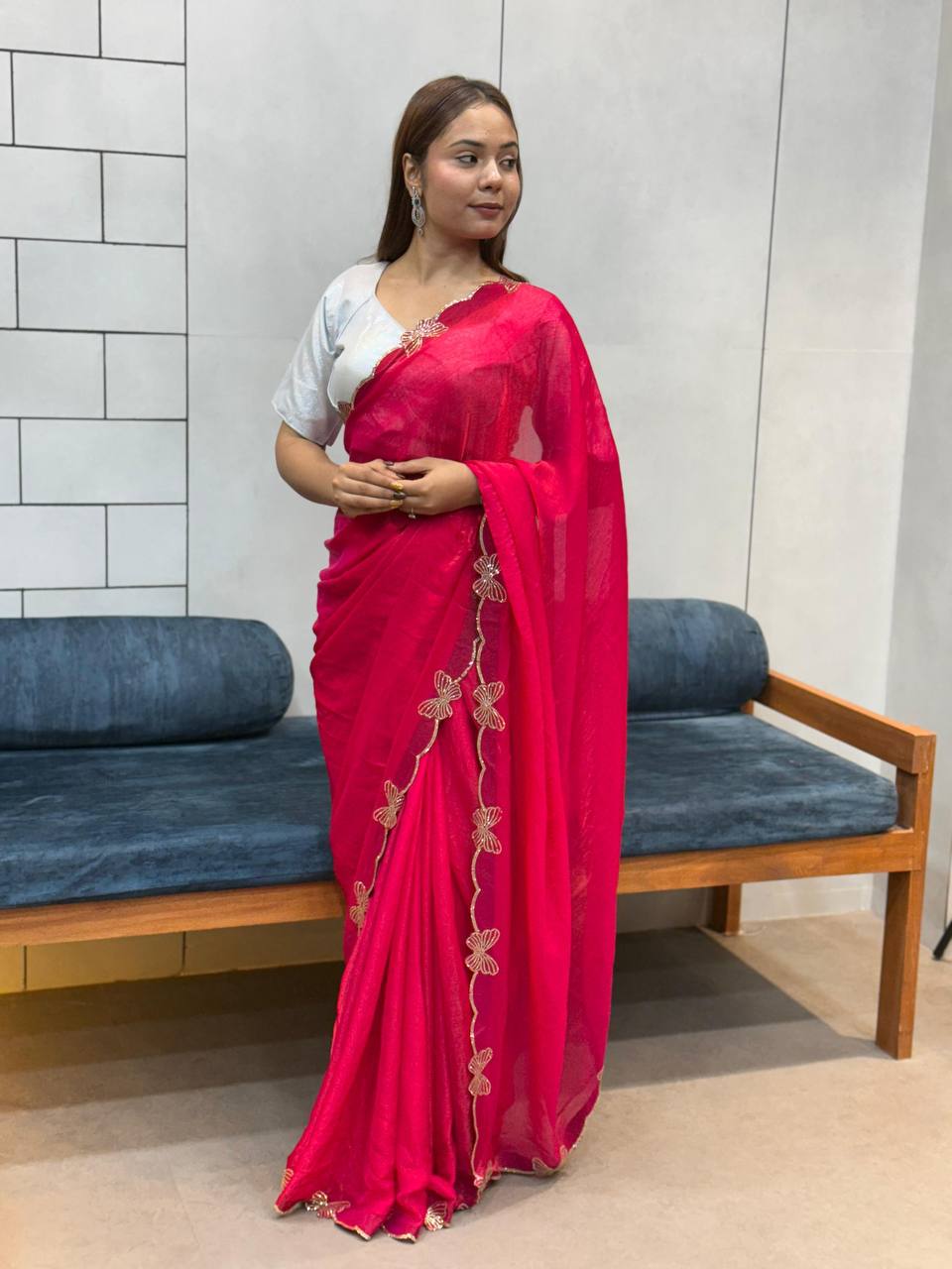 Rich Space Silk With Daimond Butterfly Work Saree