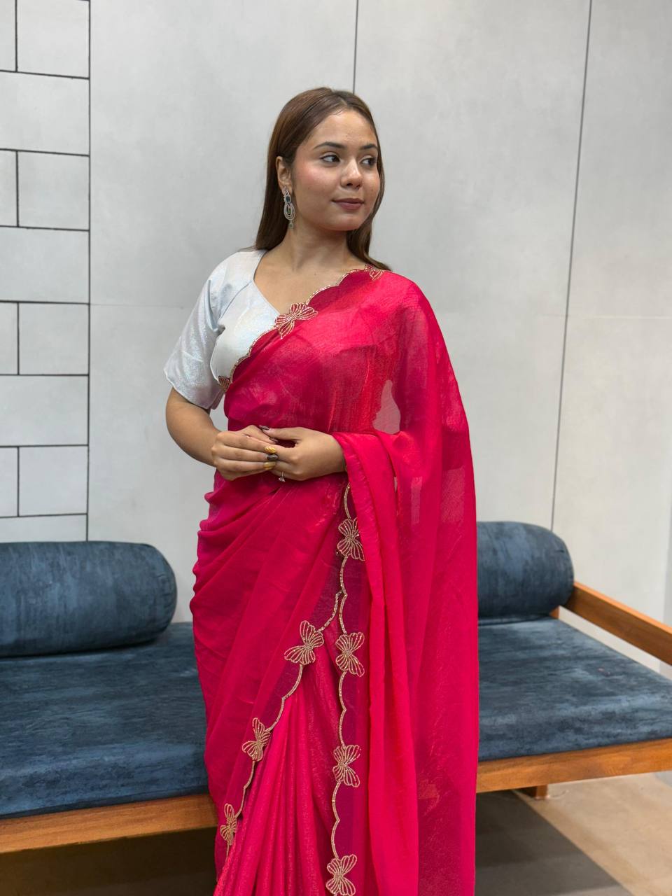 Rich Space Silk With Daimond Butterfly Work Saree