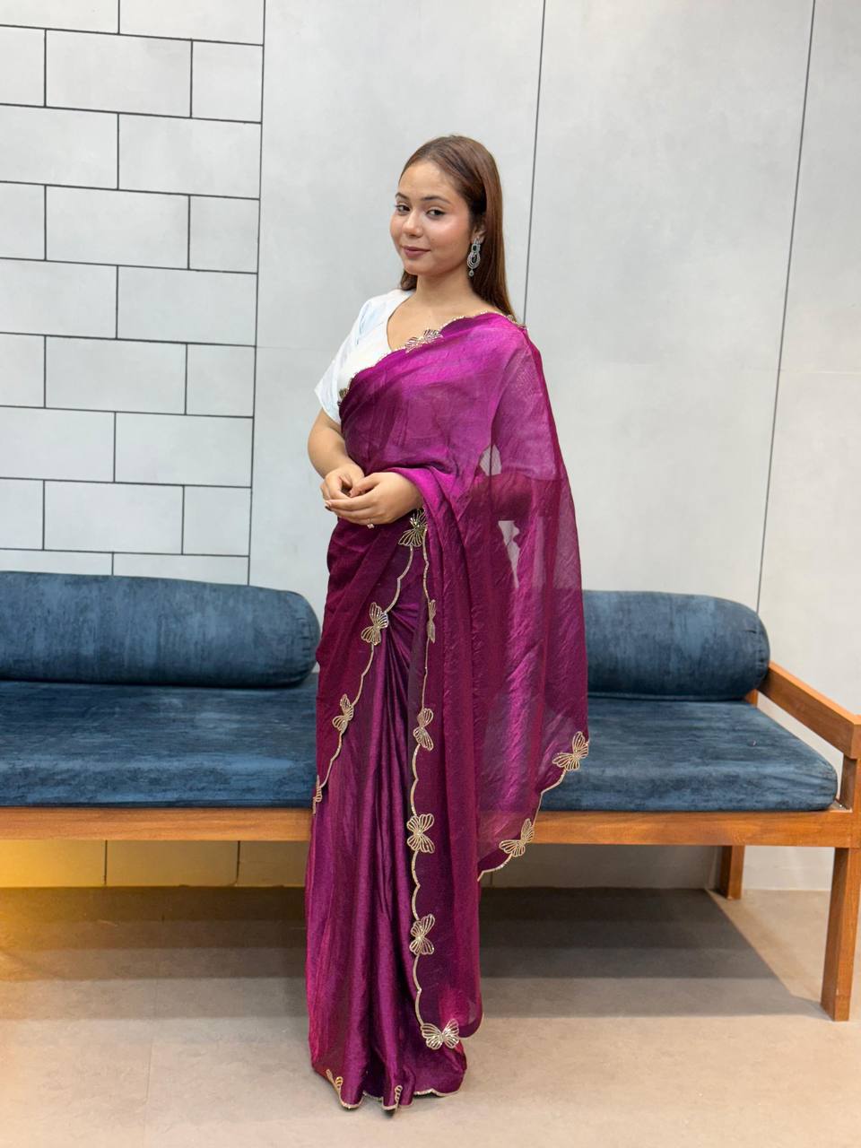 Rich Space Silk With Daimond Butterfly Work Saree