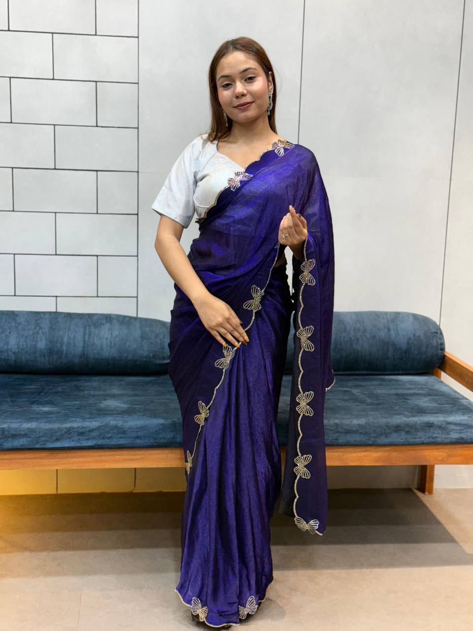 Rich Space Silk With Daimond Butterfly Work Saree