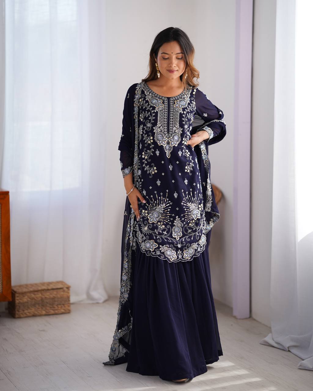 Blue Colour Georrgette Sequence With Thred Work Top With Sharara And Dupatta