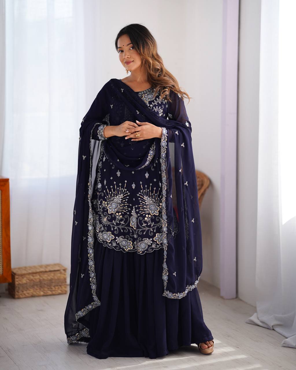 Blue Colour Georrgette Sequence With Thred Work Top With Sharara And Dupatta