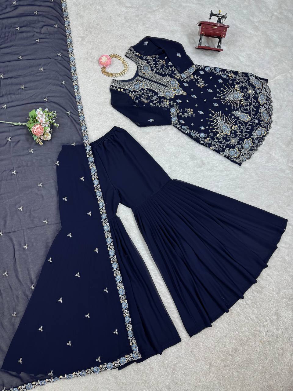 Faux Georgette Thred Work With Sequence Work And Micro Inner Top Sharara