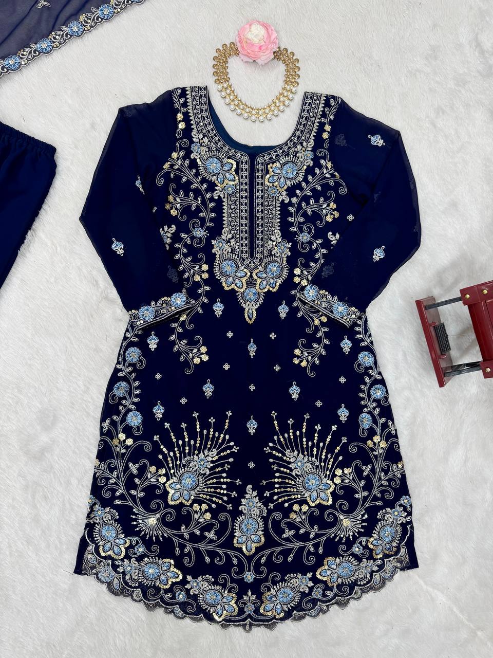Faux Georgette Thred Work With Sequence Work And Micro Inner Top Sharara