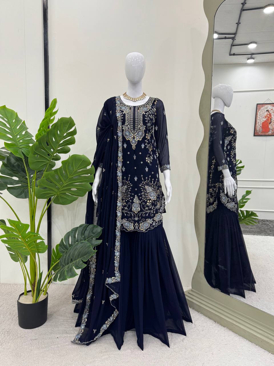 Blue Colour Georrgette Sequence With Thred Work Top With Sharara And Dupatta