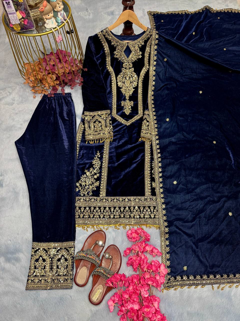 Winter Special New Velvet Embroidery Sequence Dori Work And Moti Latkan Suit With Heavy Work Dupatta