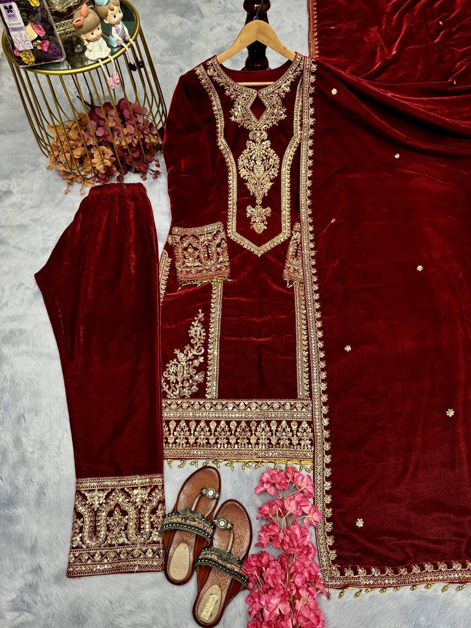 Winter Special New Velvet Embroidery Sequence Dori Work And Moti Latkan Suit With Heavy Work Dupatta