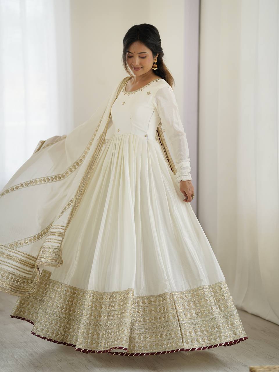 Black Color Chinon Silk With Thread Work Gown