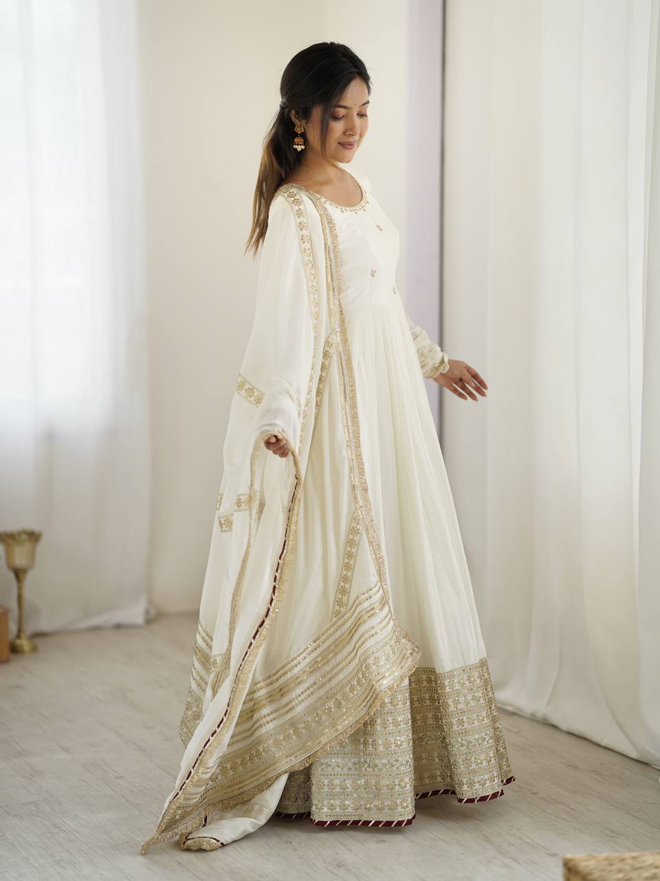 Black Color Chinon Silk With Thread Work Gown