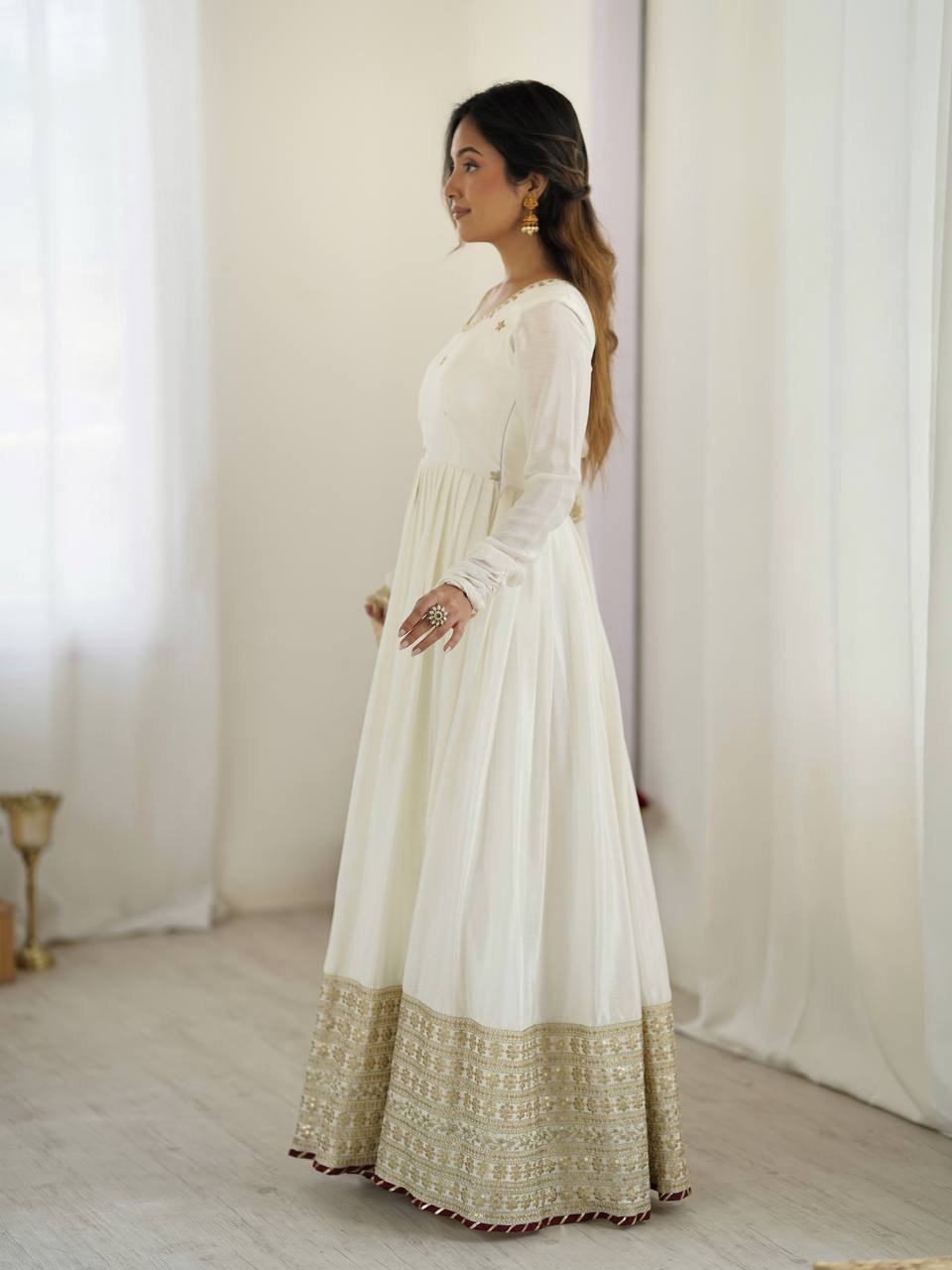 Black Color Chinon Silk With Thread Work Gown