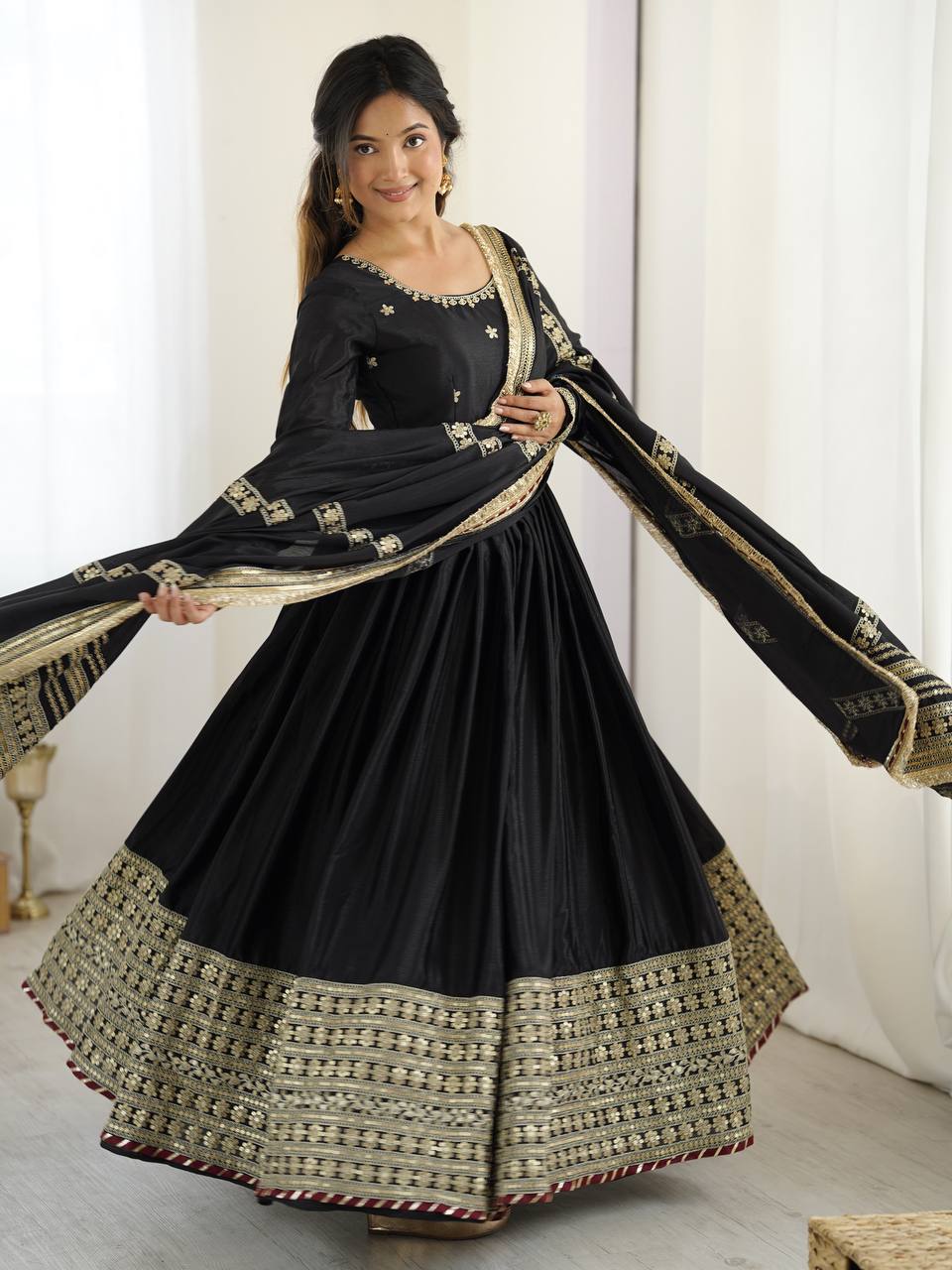 Black Color Chinon Silk With Thread Work Gown
