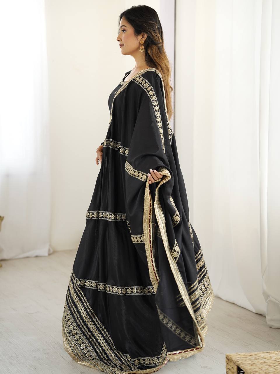 Black Color Chinon Silk With Thread Work Gown